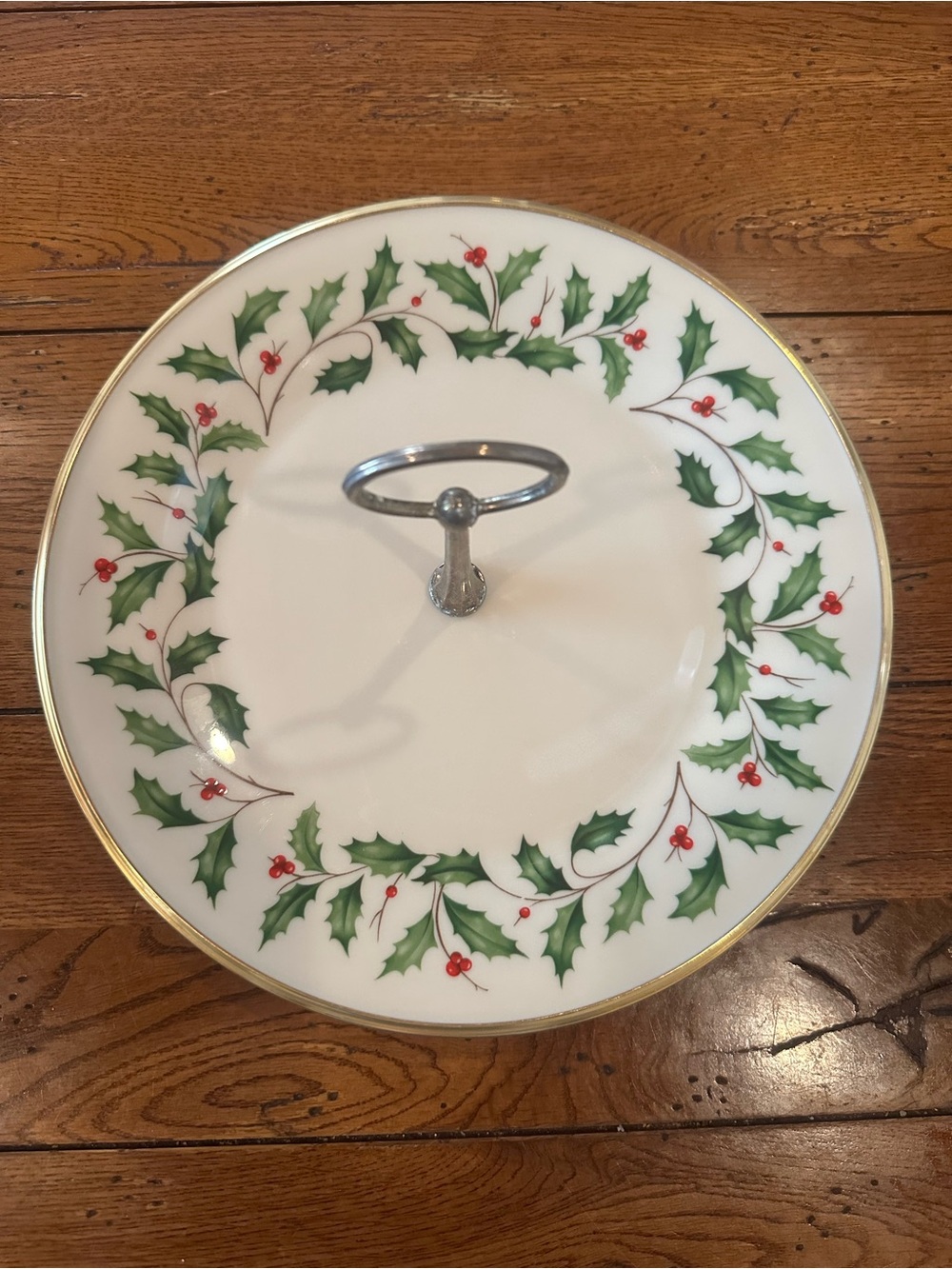 Vintage Lenox Holiday Holly Berry 10.5” Tidbit Tray Handle Gold Trim USA